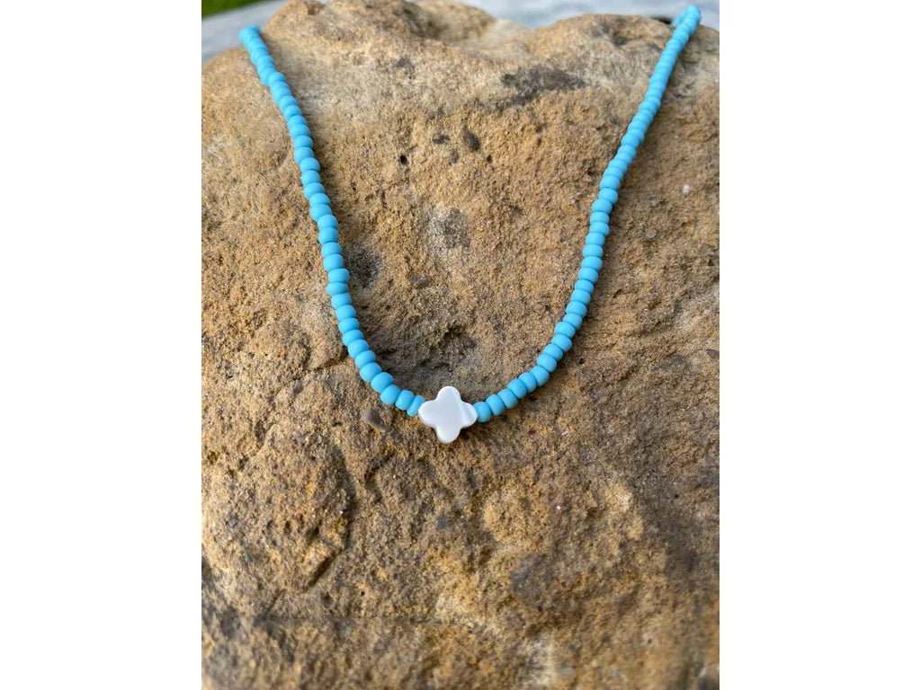Matte baby blue Murano deadstock and pearl necklace